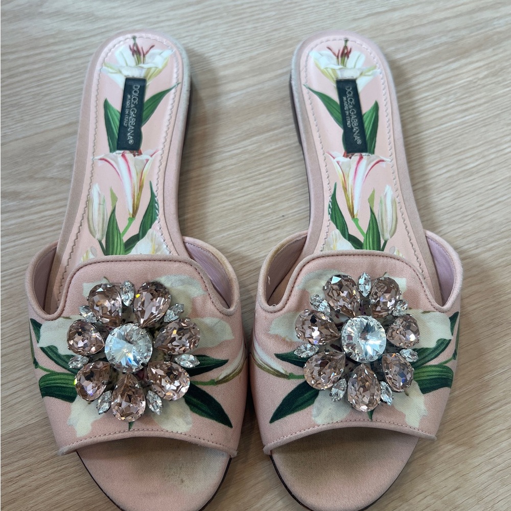 Dolce & Gabbana Pink Floral Crystal  Slide Sandals